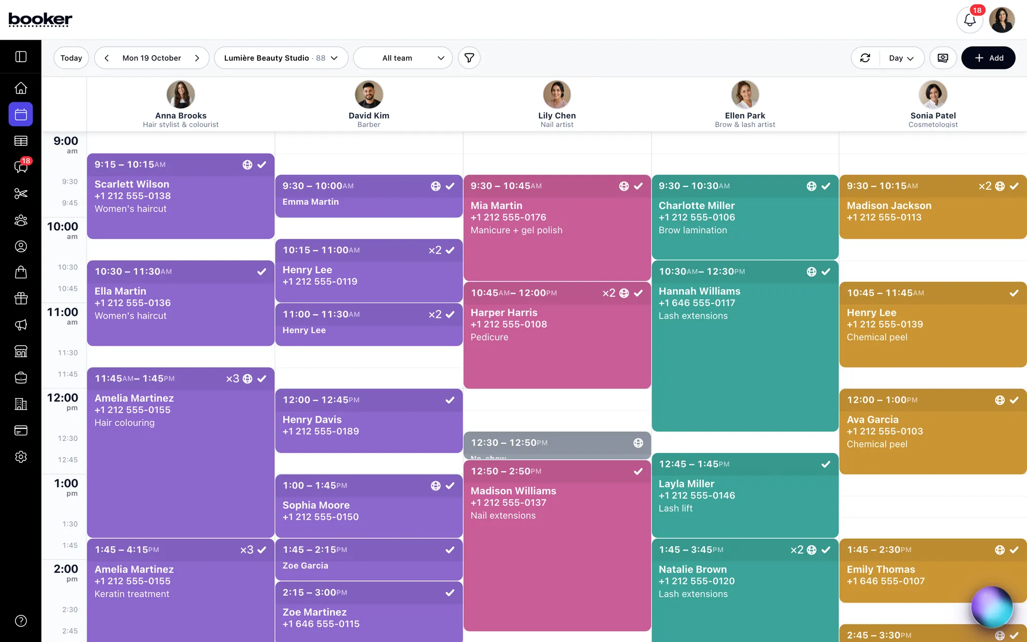 QueenPilot calendar with a day of appointments for five team members