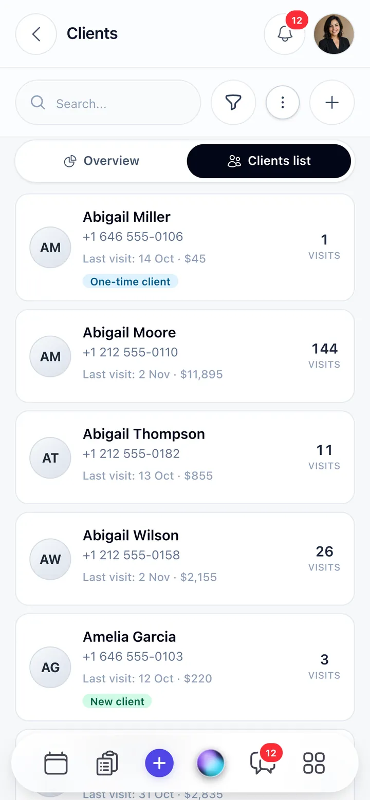 Client list with visits and spending