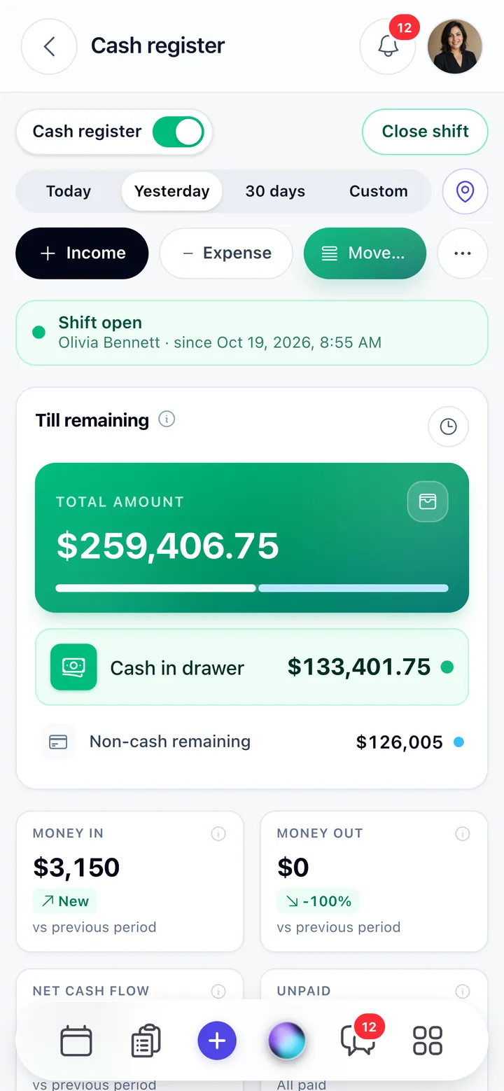 Cash register with the day's income and the till